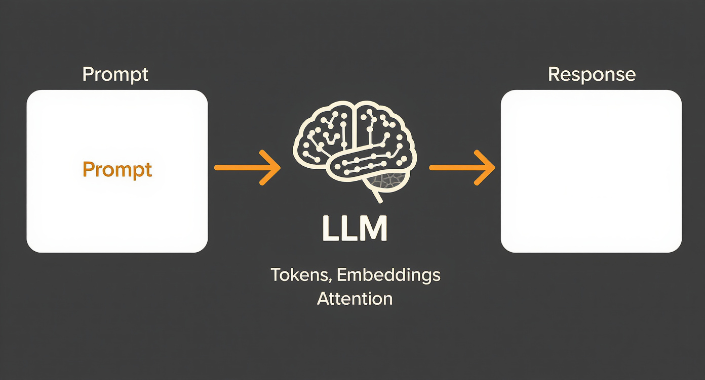 Fluxo de um LLM: Prompt, Tokens, Embeddings, Attention, Response